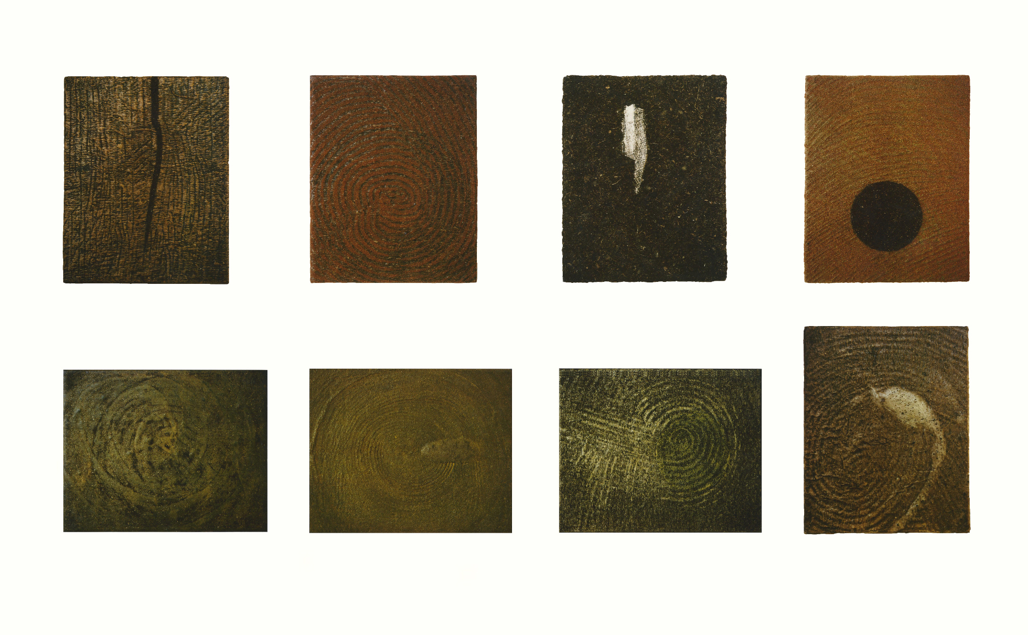Mona Könen: aus dem Zyklus "Erdzeichen" I bis VIII - Acryl, Stifte, Kreiden mit verschiedenfarbigen Erden und Sanden, je 19 x 15 cm, 8 von bisher 52 Arbeiten